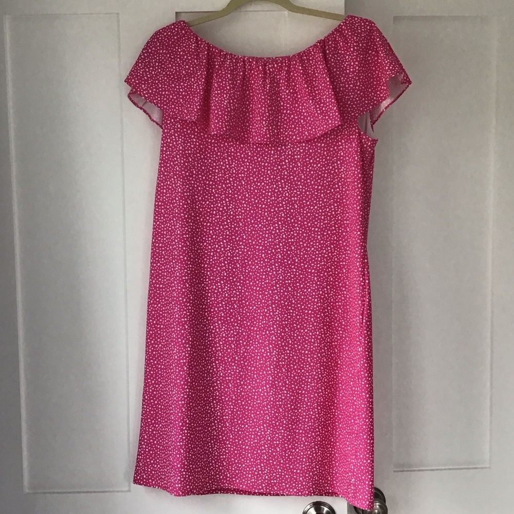 Sara Campbell Pink Off-Shoulder Ruffle Dress with White Dot Print